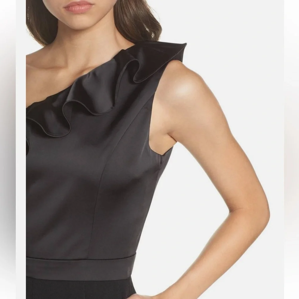 NWT Maggy London Black One-shoulder Ruffle Satin Jumpsuit Pantsuit Size 10